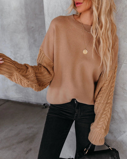Braided Sleeve Knit Sweater - Khaki