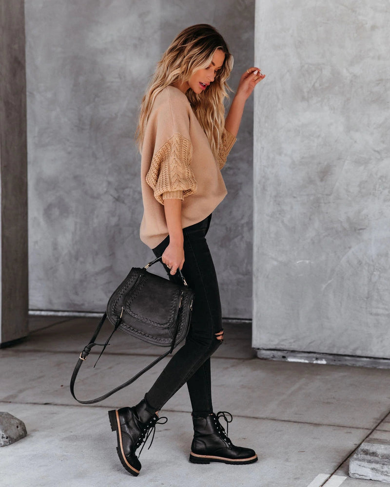 Braided Sleeve Knit Sweater - Khaki