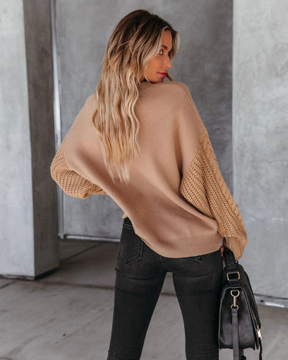 Braided Sleeve Knit Sweater - Khaki