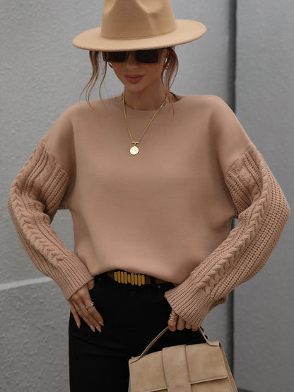 Braided Sleeve Knit Sweater - Khaki