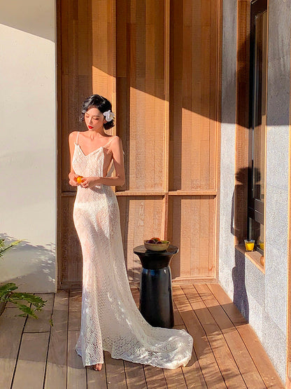 Knitted Lace Slim-fit Floor-length Vacation Maxi Dress