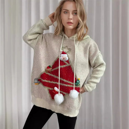 Korean Style Christmas Tree Hooded Loose Ugly Knitwear Sweater