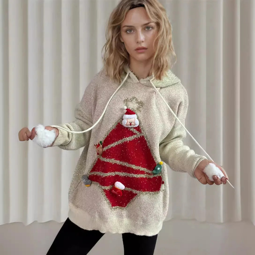 Korean Style Christmas Tree Hooded Loose Ugly Knitwear Sweater