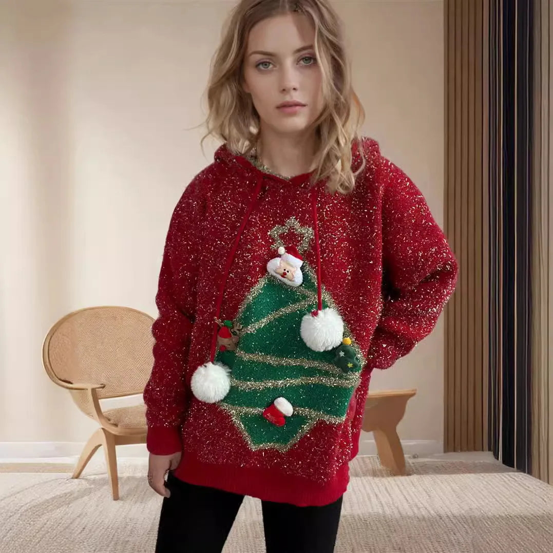 Korean Style Christmas Tree Hooded Loose Ugly Knitwear Sweater