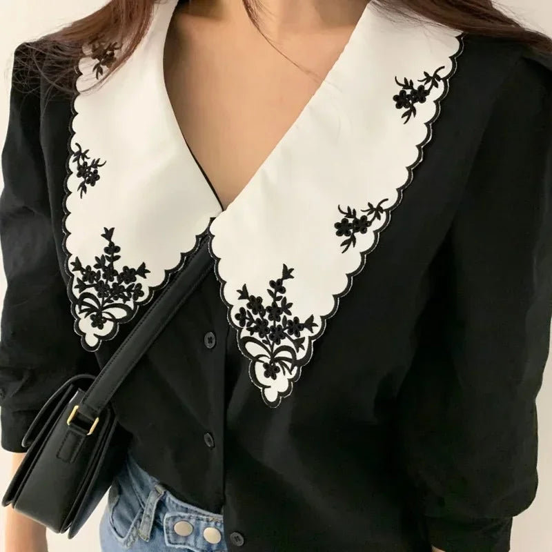 Puff Long Sleeve Embroidery Blouse
