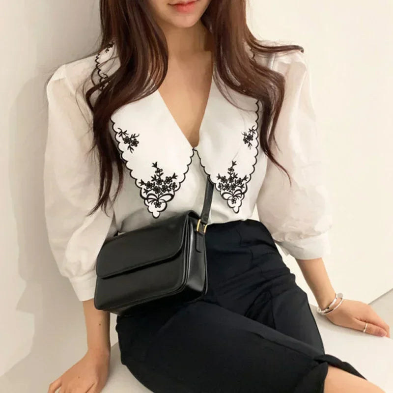 Puff Long Sleeve Embroidery Blouse