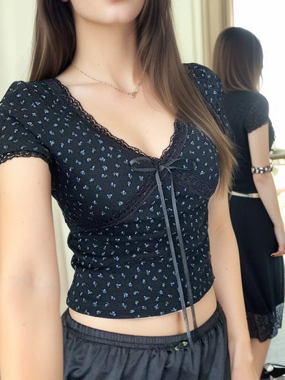 Korean Kawaii Lace Patchwork T-shirt Y2k Aesthetic Top Bow Knot V-neck Short Sleeve Crop Top Elastic Slim