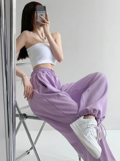 Korean White Blue Pants High Waist Loose Drawstring Harem Pants Comfortable Female Sports Street Pants S-xl