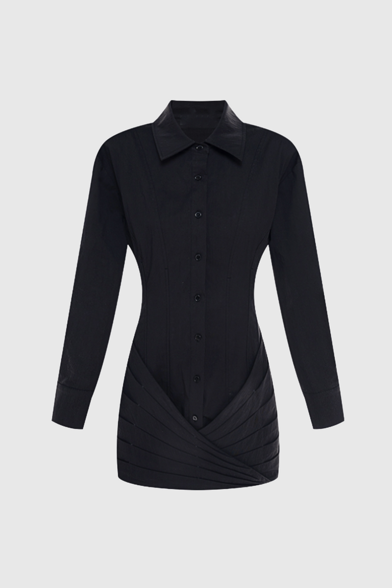 Kretska Cinched-waist Pleated Mini Shirt Dress -black