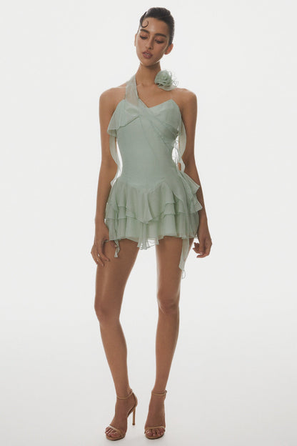 Kyrie Halter Ruffle Mini Dress - Green