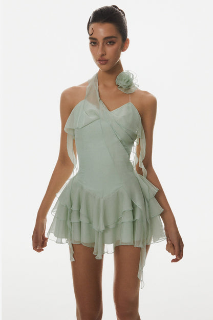 Kyrie Halter Ruffle Mini Dress - Green