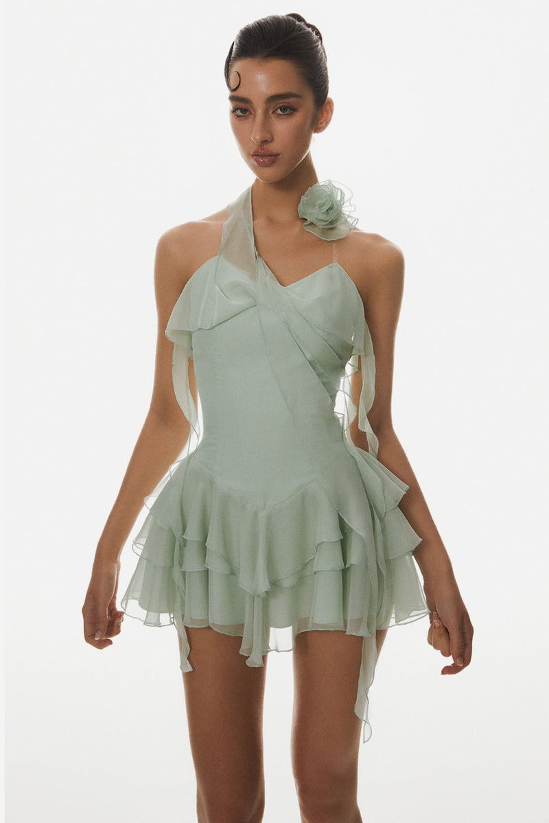 Kyrie Halter Ruffle Mini Dress - Green