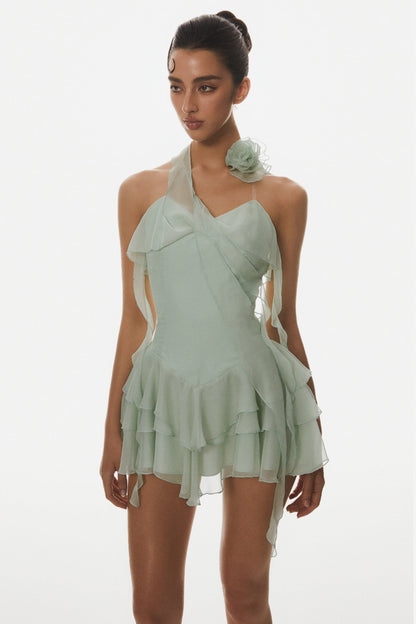 Kyrie Halter Ruffle Mini Dress - Green