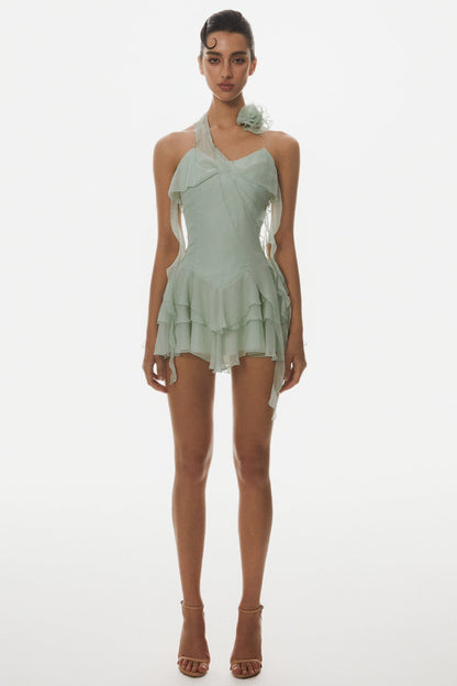 Kyrie Halter Ruffle Mini Dress - Green