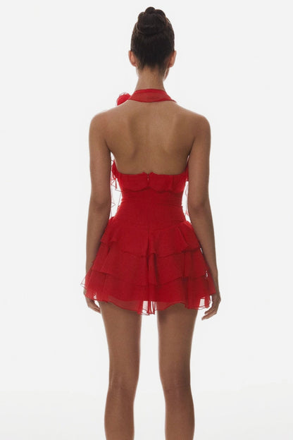 Kyrie Halter Ruffle Mini Dress - Red