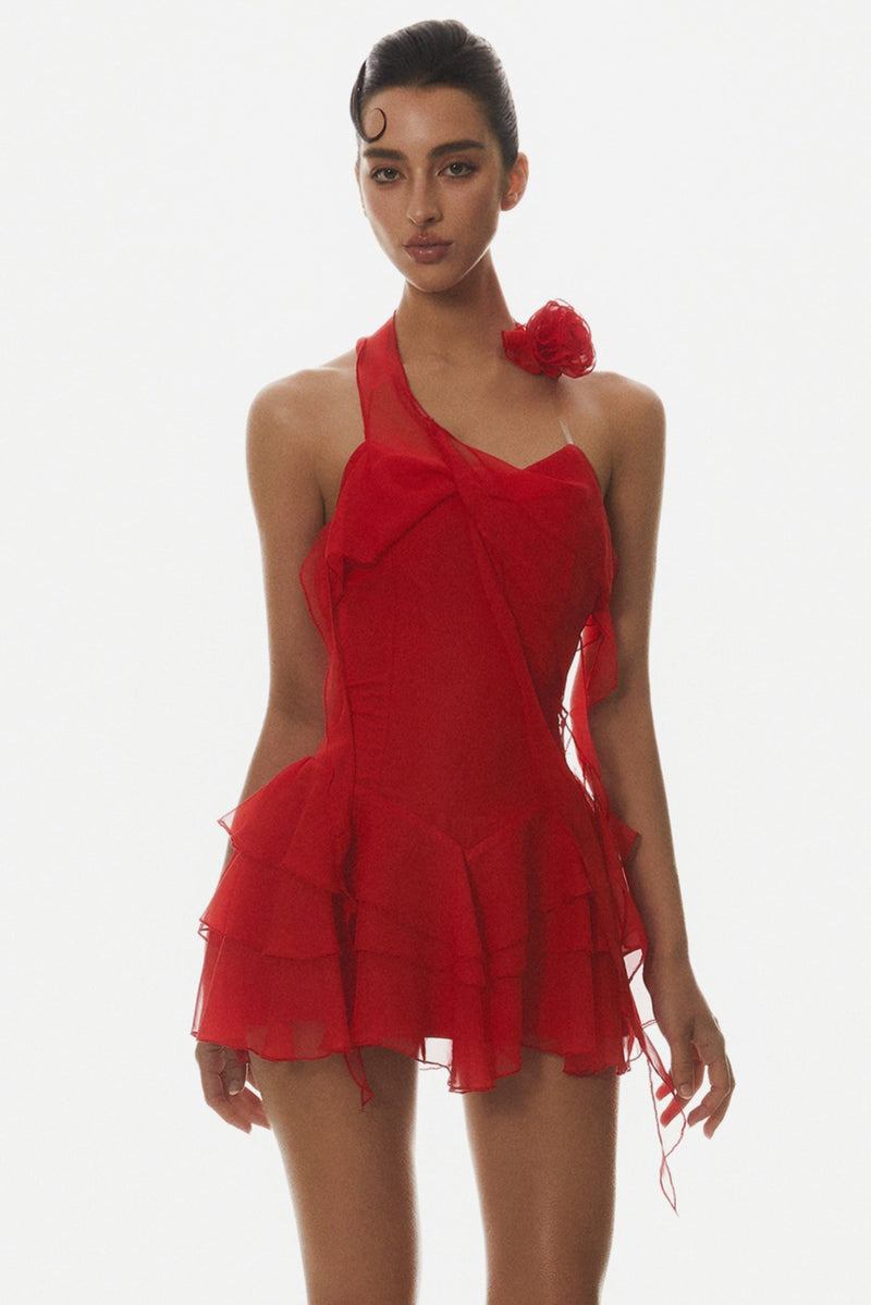 Kyrie Halter Ruffle Mini Dress - Red