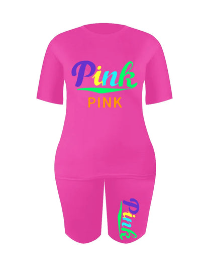 Pink Letter Print Shorts Set Summer Round Neck Skinny 2pcs Two Pieces Shorts Set Daily Outfit