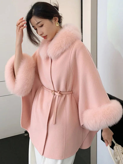 High End Double Sided Cashmere Fox Cloak Shawl Woolen Warm Coat