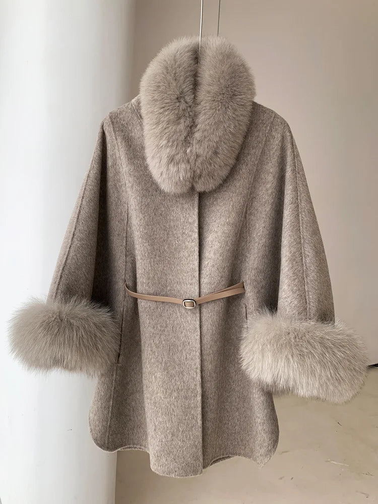 High End Double Sided Cashmere Fox Cloak Shawl Woolen Warm Coat