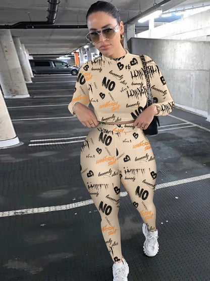 Crop Top Letter Print Skinny Pants Set High Elasticity Round Neck Autumn Winter Two Pieces Matching Suits Outfit