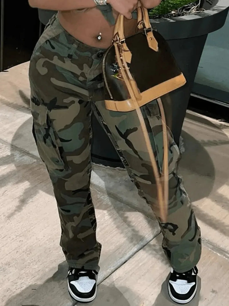 High Waist Camo Multicolor Cargo Pants Xs-5xl Street Side Pocket Camouflage Streetwears Straight Lady Trousers
