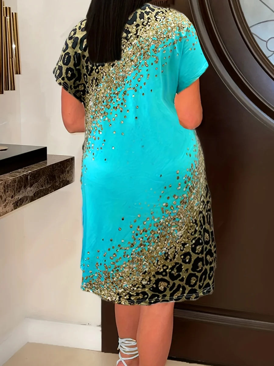 Imitation Denim V Neck Pocket Design ’s T-shirt Dress – Summer Loose Vestidos