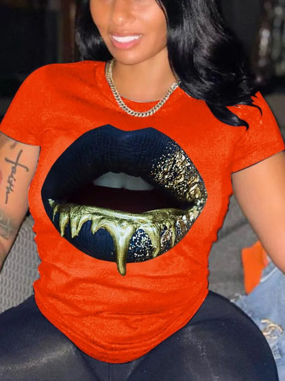 Round Neck Lip Print T-shirt ’s Short-sleeved Basic White T-shirt