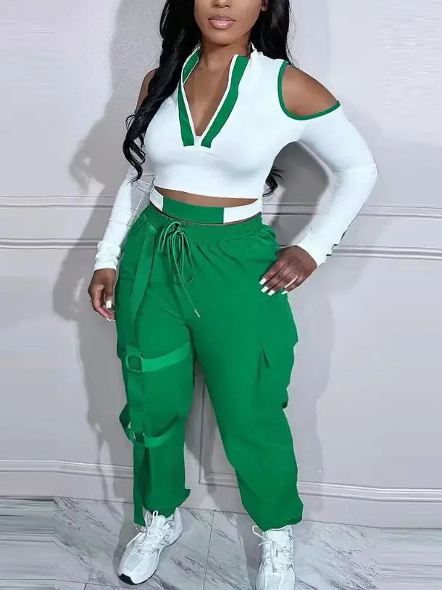 Color Block Zipper Cut Out Round Neck Cold Shoulder Pierced Drawstring Two Piece Pants Set