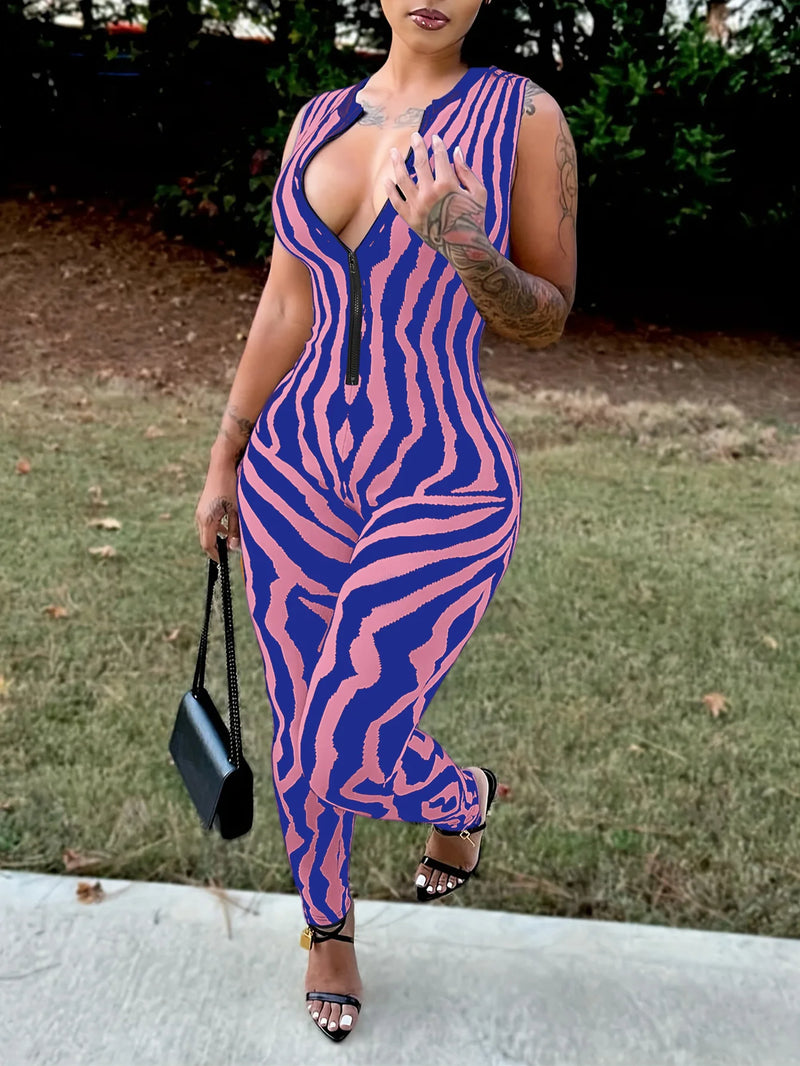 Striped Zipper Design Cami Jumpsuit – Fashionable Vine Round Neck Tight Sleeveless Jumpsuit for Sportswear