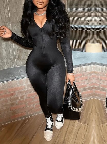 Zipper Design Skinny Jumpsuit Autumn Color V Neck Long Sleeve One Pieces Suit Sportswear Outfits for