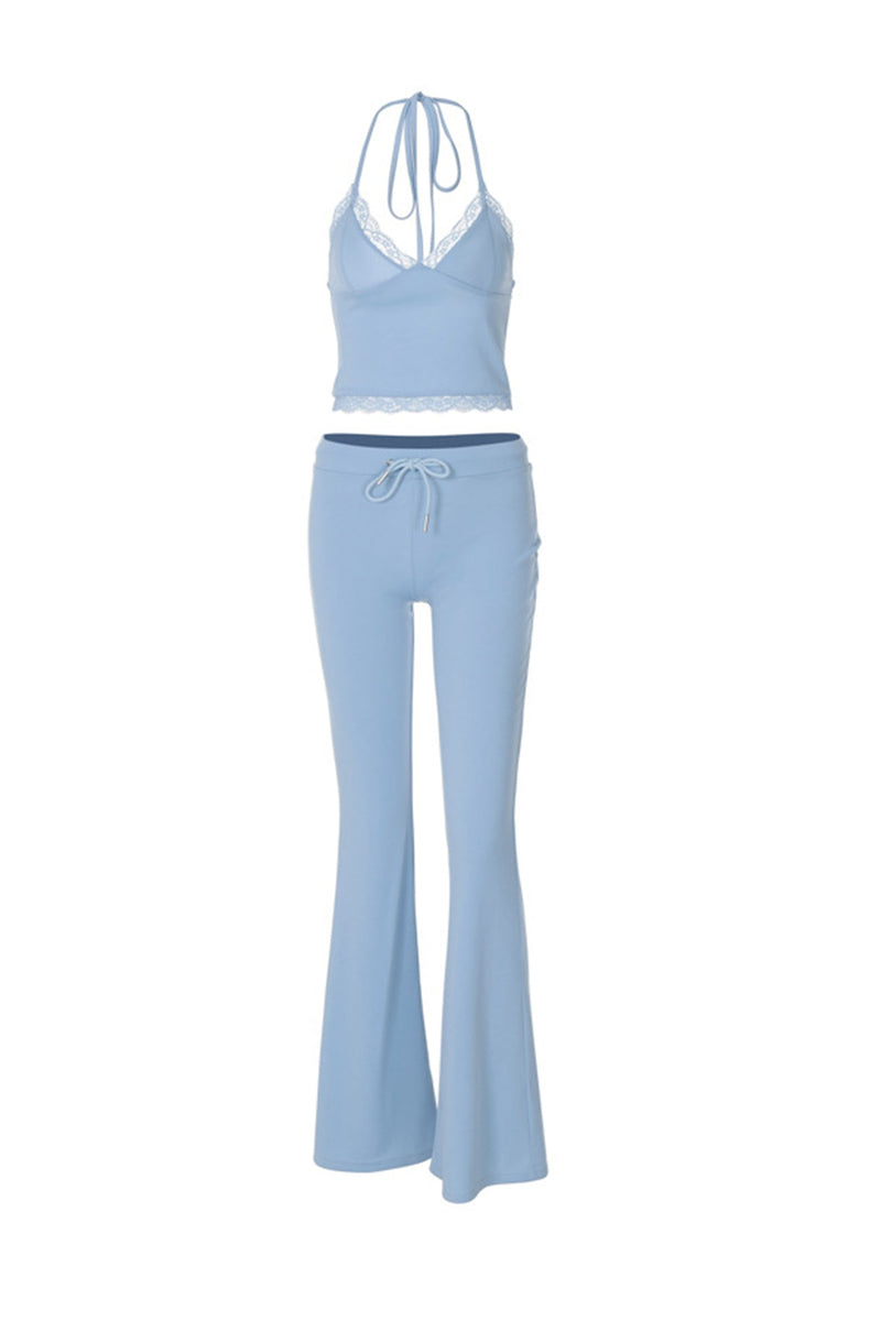 Lace Halterneck Vest Flares Long Pants Suits
