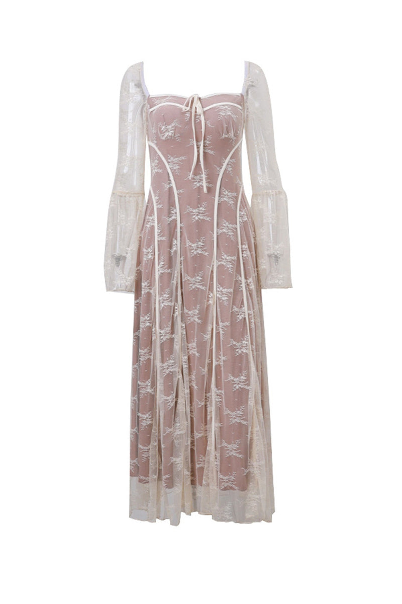 Lace Tie-up Flare Sleeve Midi Dress