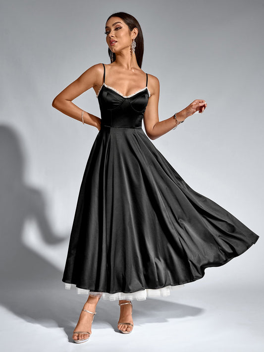 Lace Trim Corset Flared Hem Maxi Dress