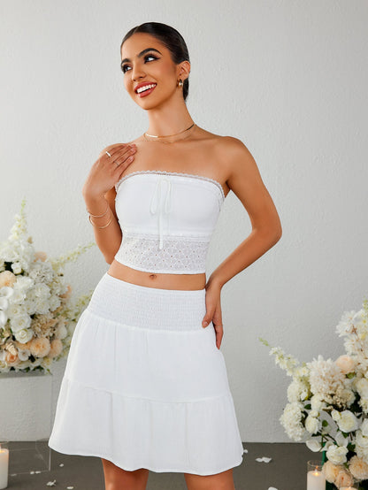 Lace Trim Tie Front Ruffle Tube Top&ruffle Flared Hem Skirt