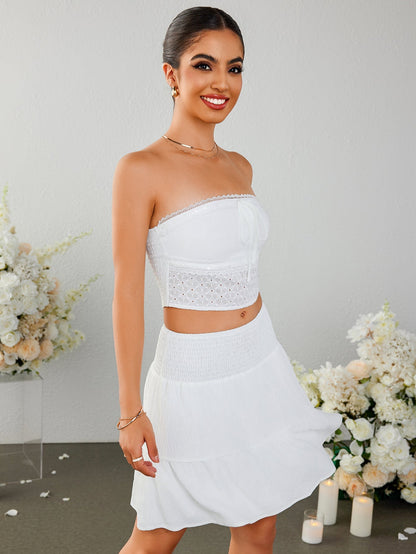 Lace Trim Tie Front Ruffle Tube Top&ruffle Flared Hem Skirt