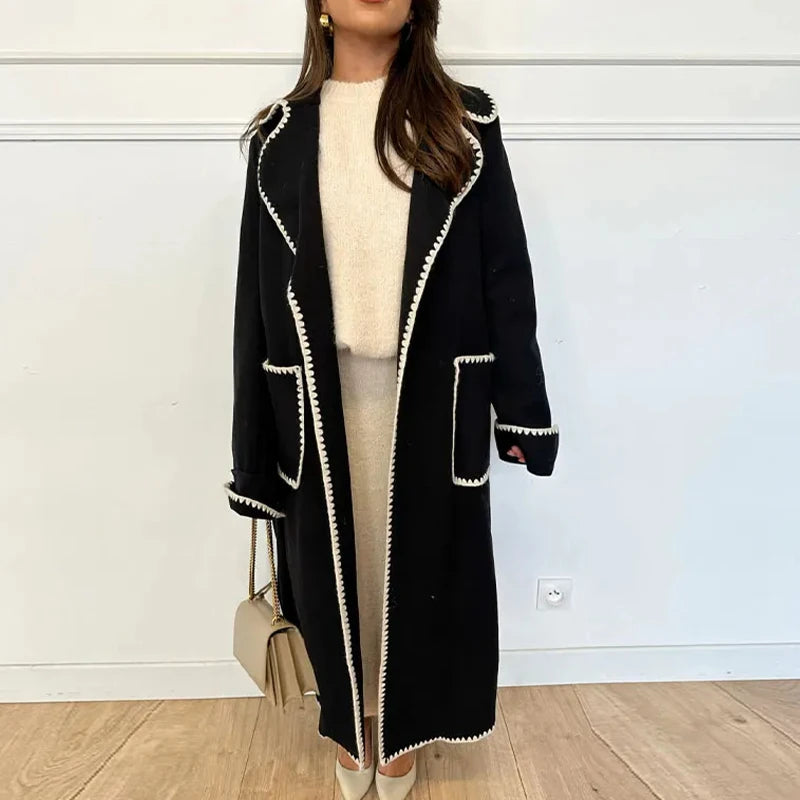 Lace Long Woolen Autumn Winter New Double-breasted Long Coat