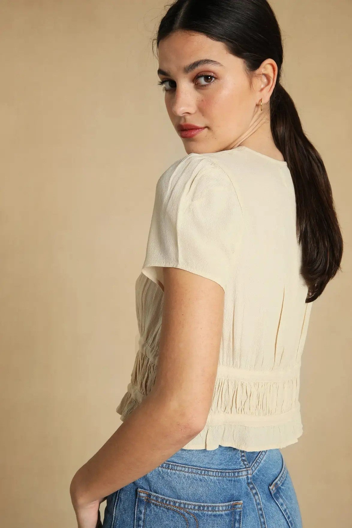 Lace Up V-neck Short Sleeve Ruffled Blouse