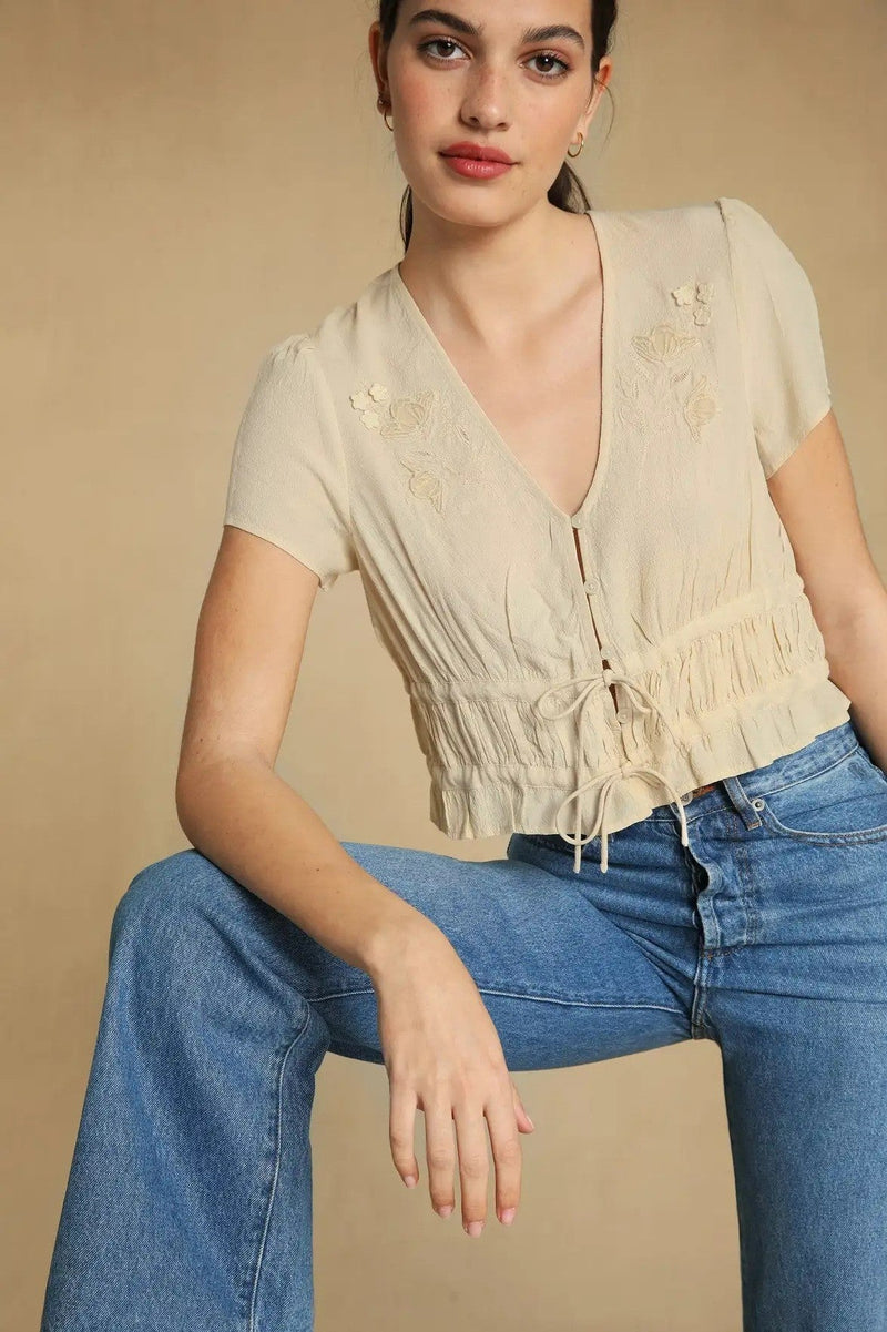 Lace Up V-neck Short Sleeve Ruffled Blouse