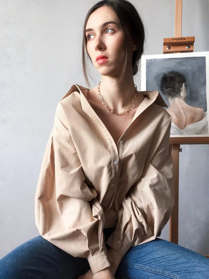 Lantern Sleeve Button Collar Blouse