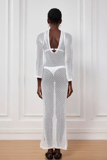 Lana Knit Cutout Plunge Maxi Dress in White