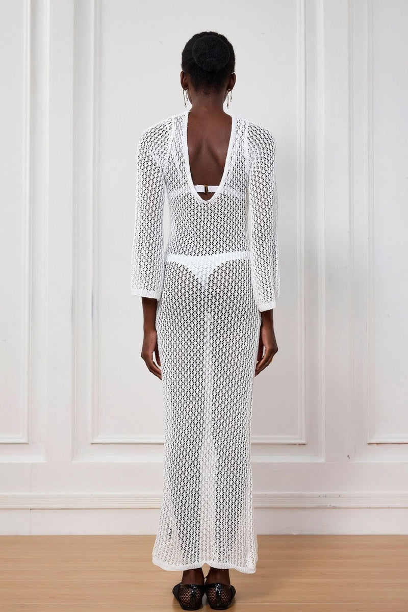 Lana Knit Cutout Plunge Maxi Dress in White