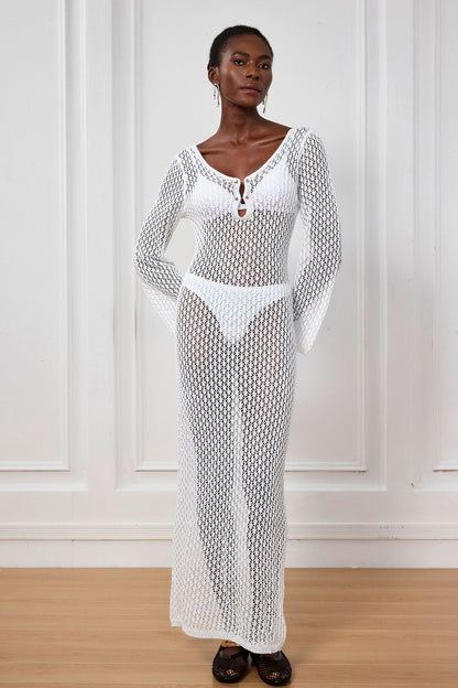 Lana Knit Cutout Plunge Maxi Dress in White