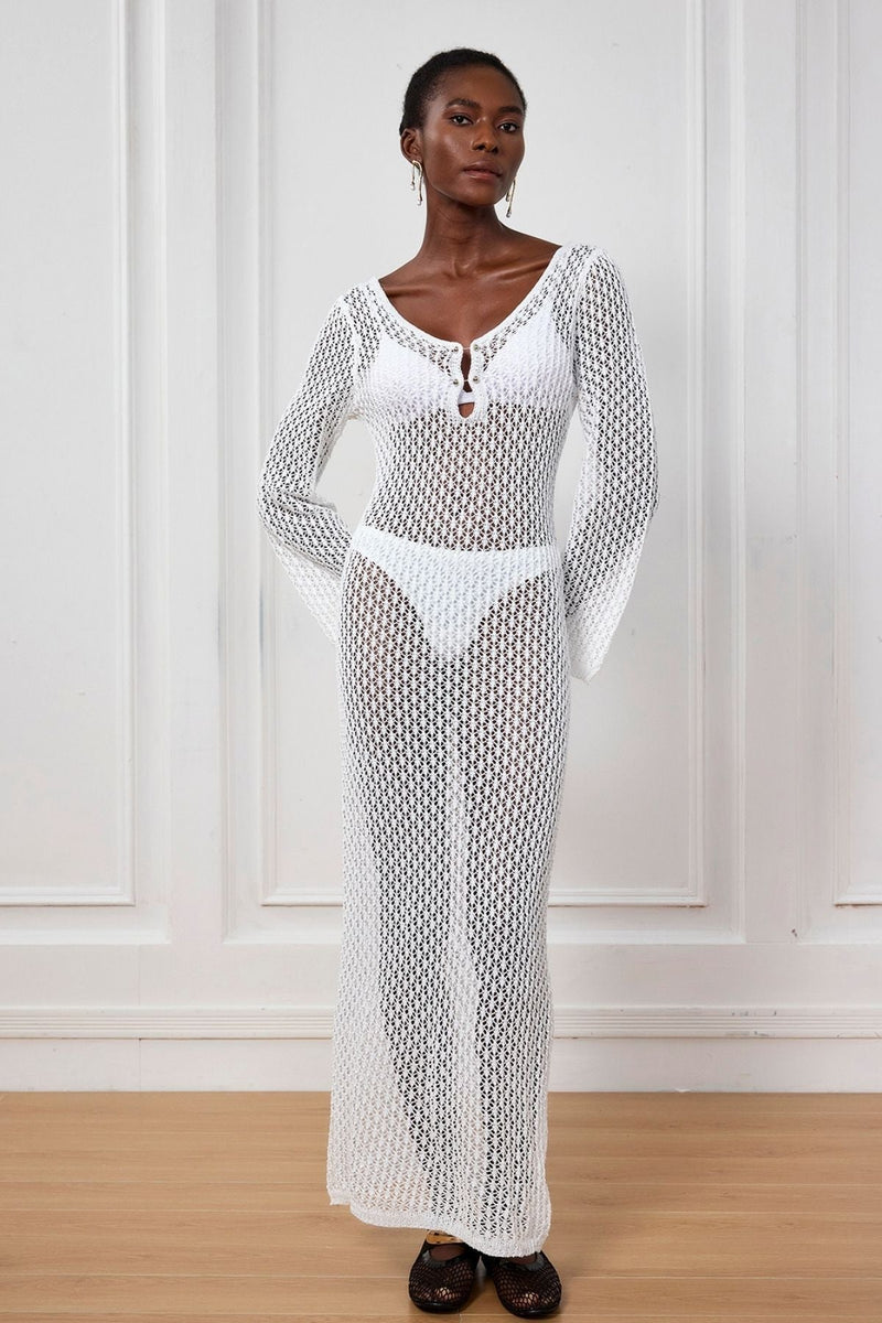 Lana Knit Cutout Plunge Maxi Dress in White
