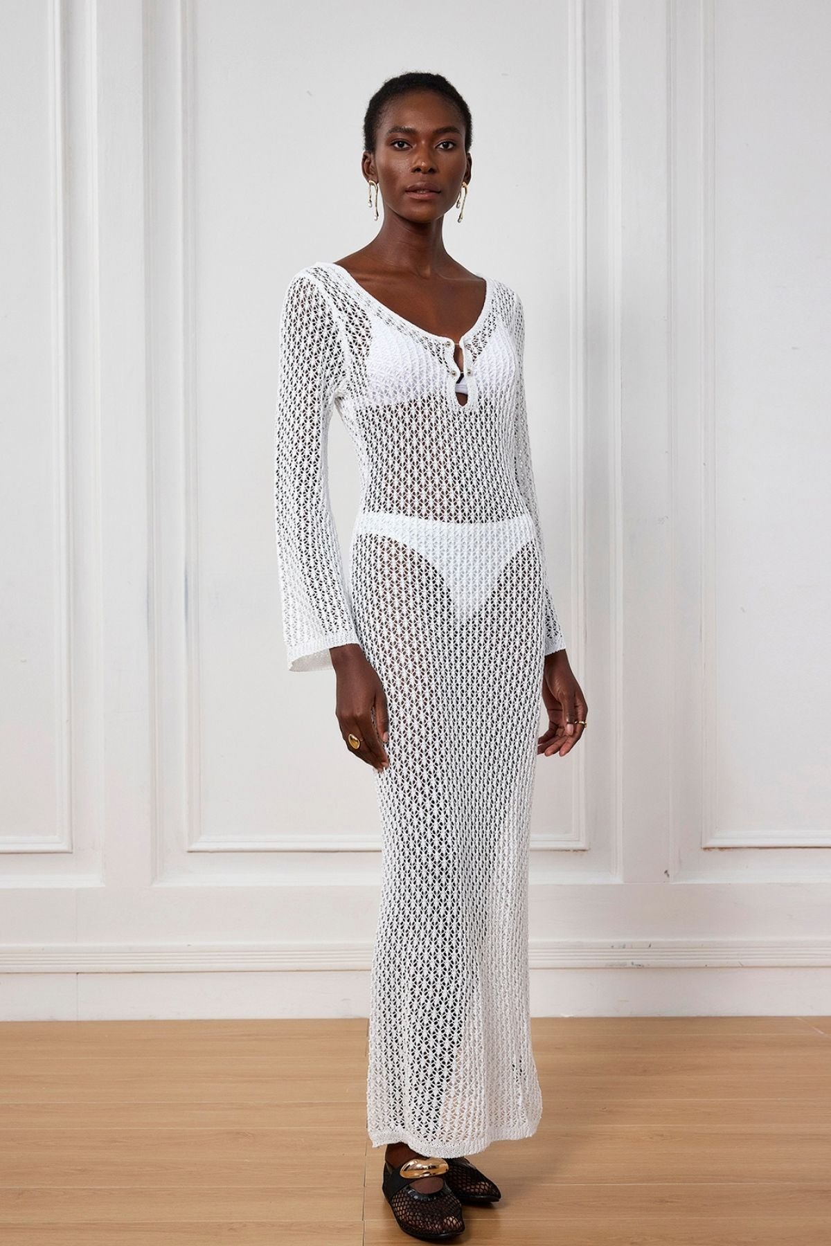 Lana Knit Cutout Plunge Maxi Dress in White