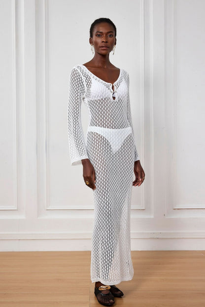 Lana Knit Cutout Plunge Maxi Dress in White