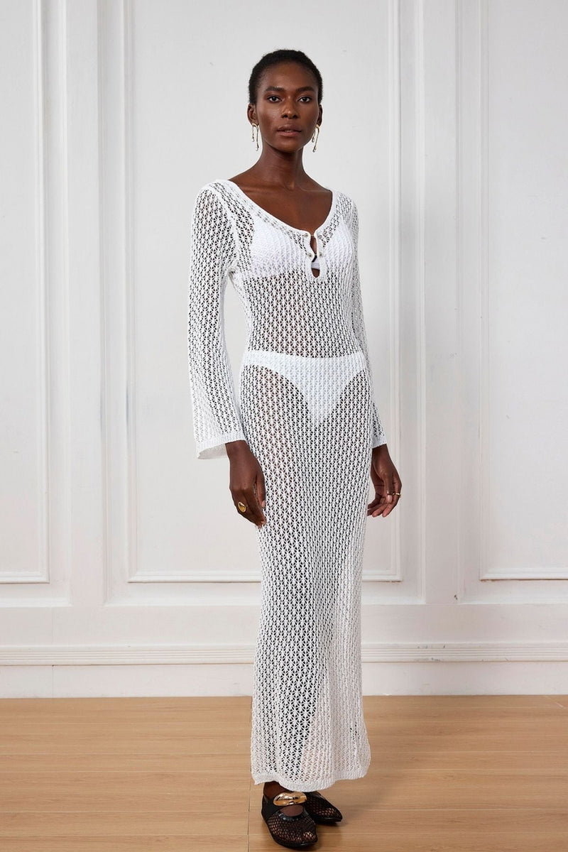 Lana Knit Cutout Plunge Maxi Dress in White