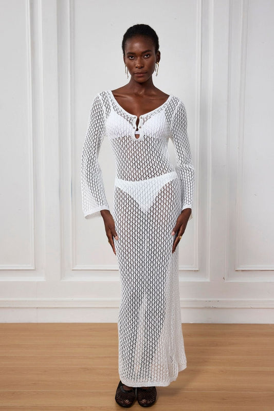 Lana Knit Cutout Plunge Maxi Dress in White