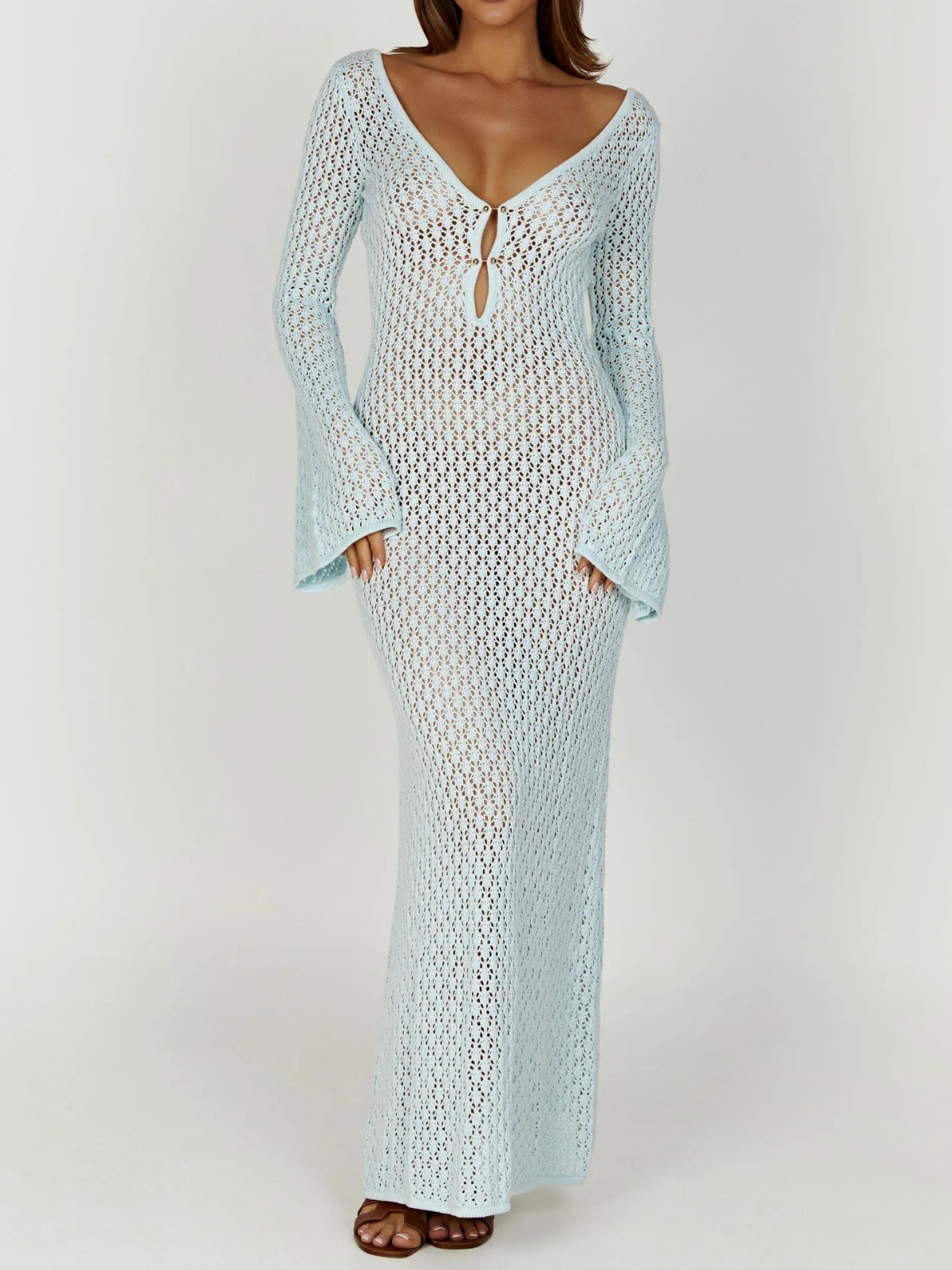 Lana Knit Cutout Plunge Maxi Dress in Blue