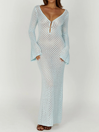 Lana Knit Cutout Plunge Maxi Dress in Blue
