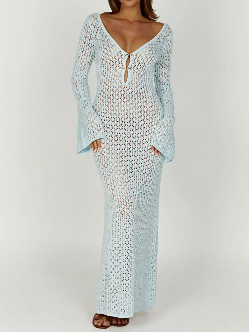 Lana Knit Cutout Plunge Maxi Dress in Blue